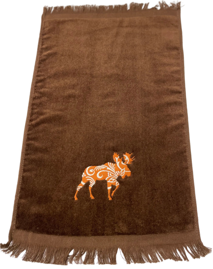 Finger tip Towel - Rosemaling Moose on Brown