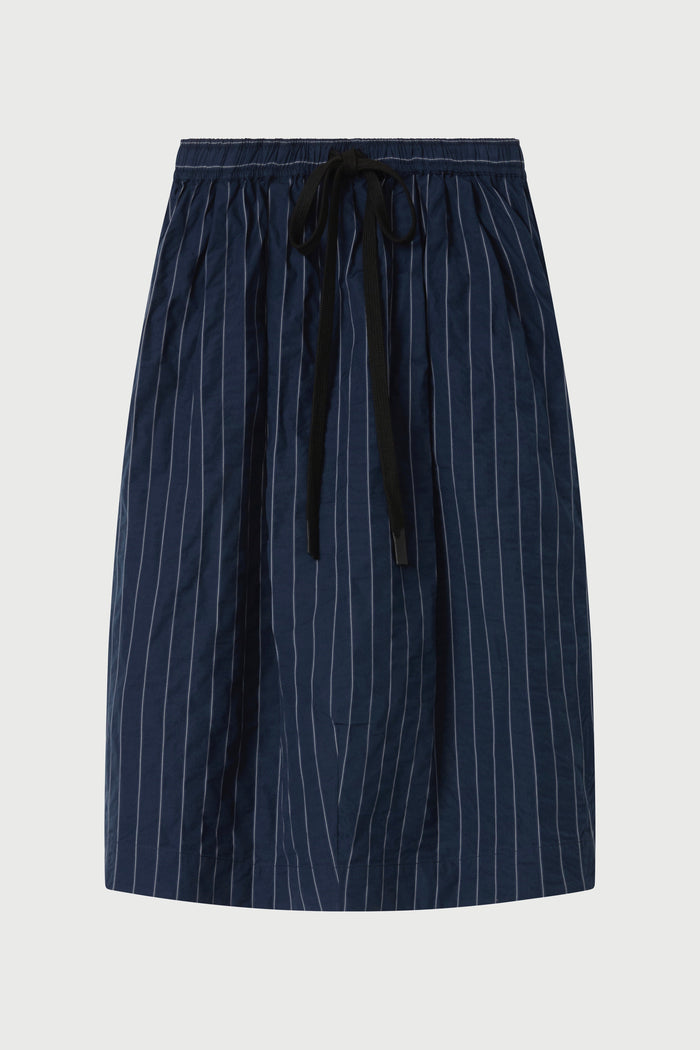 Navy pinstripe skirt with drawstring waist on a light gray background