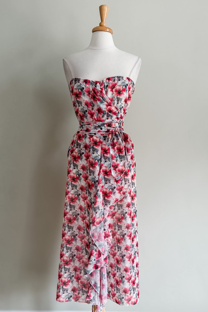 Diane Kroe Pink Poppy Frill Wrap in floral print styled as a dress with its matching sash