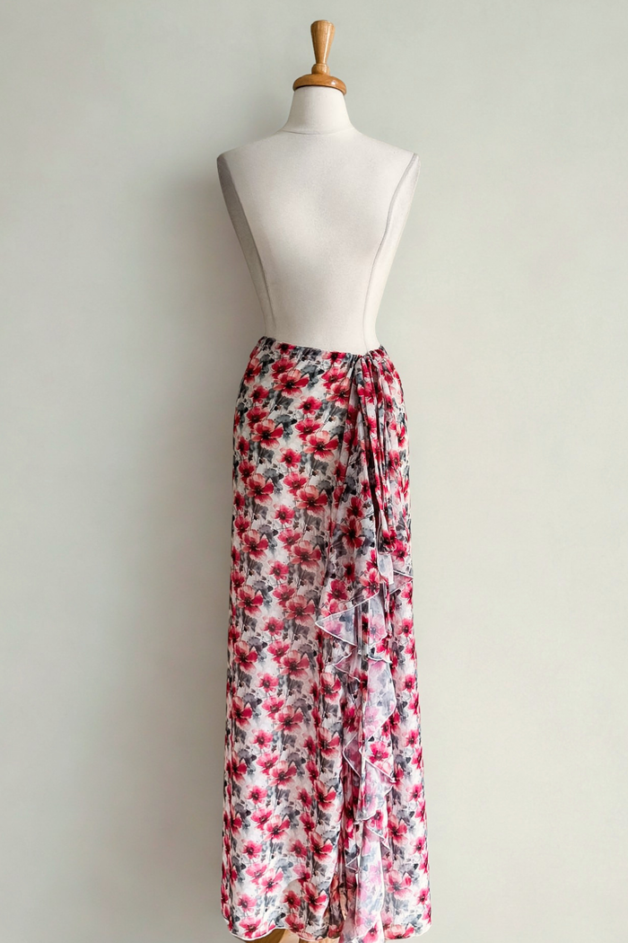 Diane Kroe Pink Poppy Frill Wrap in floral print styled as a skirt