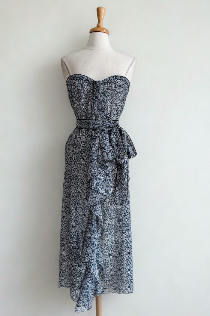 Diane Kroe Blue Tile print Frill Wrap styled as a dress with its matching sash