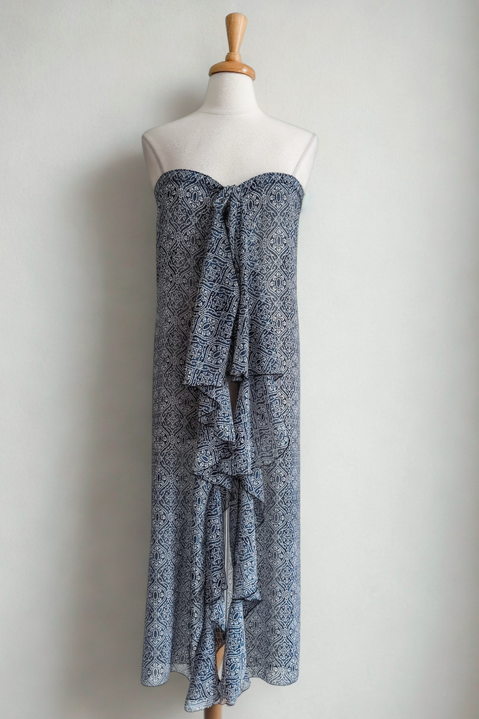 Diane Kroe Blue Tile print Frill Wrap styled as a dress