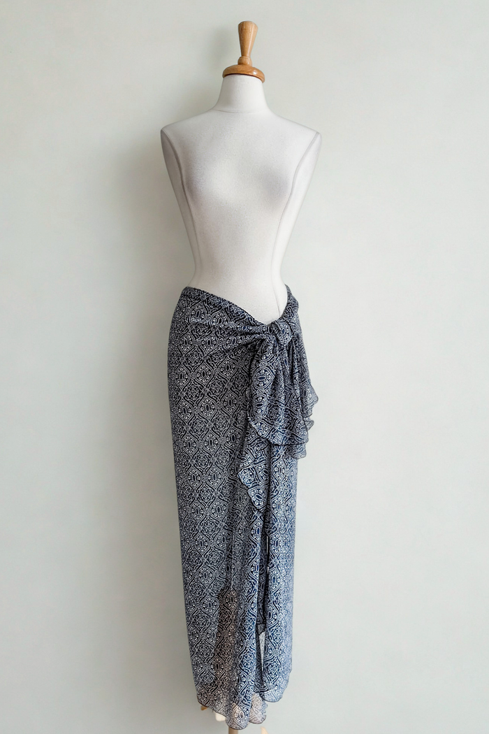 Diane Kroe Blue Tile print Frill Wrap styled as a skirt