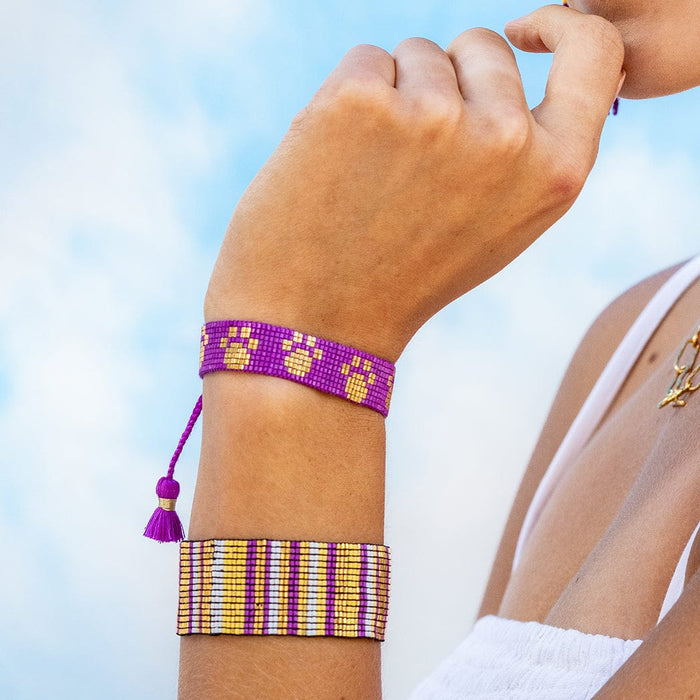 Gabby Game Day "Paw Prints" Adjustable Beaded Bracelets Purple and Yellow