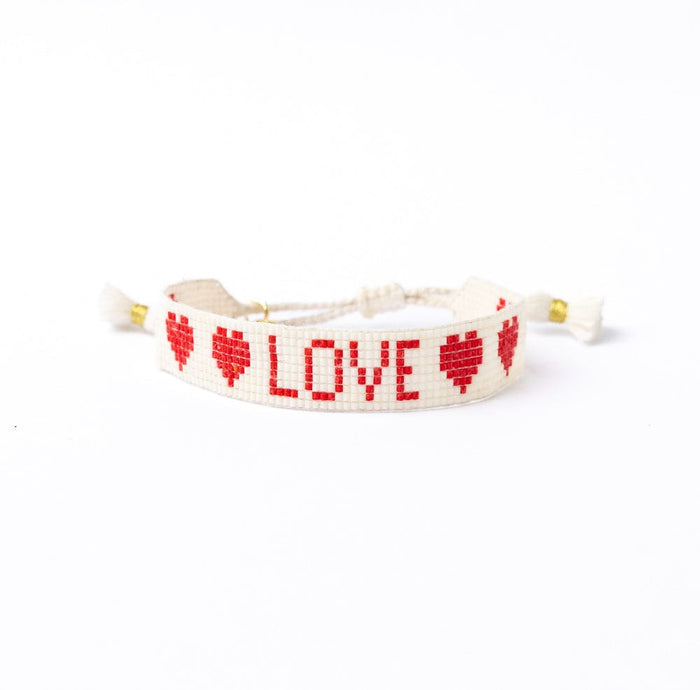 Gabby "Love" Adjustable Beaded Bracelet White + Red Sliding Knot