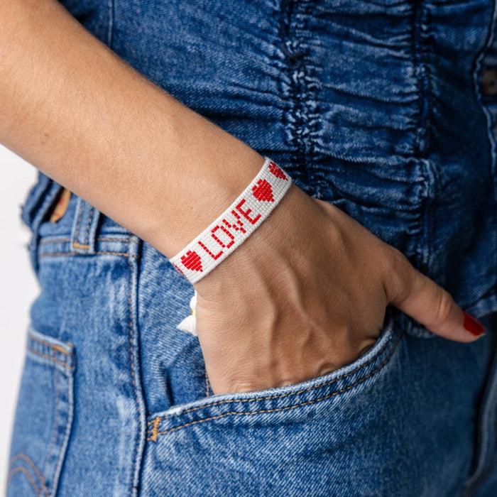 Gabby "Love" Adjustable Beaded Bracelet White + Red Sliding Knot