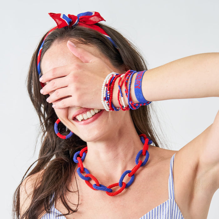 Game Day Adjustable Beaded Bracelet Blue + Red Sliding Knot