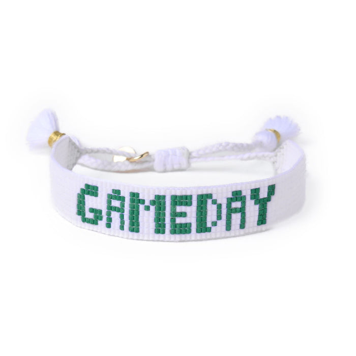 Game Day Adjustable Beaded Bracelet White + Green Sliding Knot