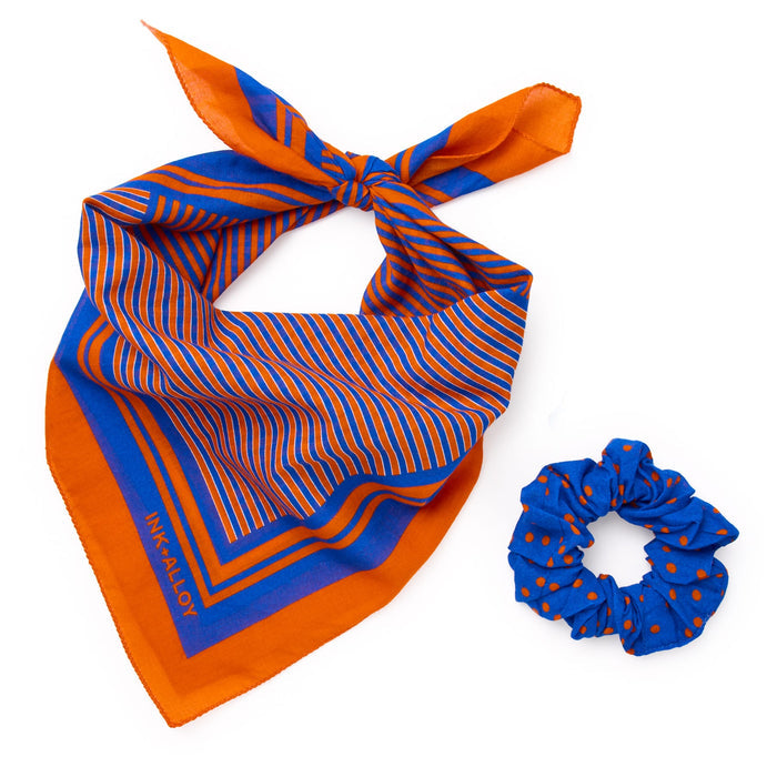 Game Day Alternating Stripe Scarf + Scrunchie Blue + Orange 21x21 Scarf