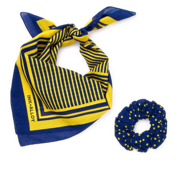 Game Day Alternating Stripe Scarf + Scrunchie Yellow + Navy 21x21 Scarf