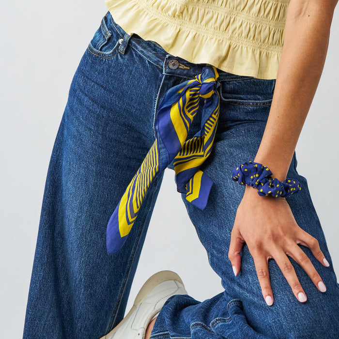 Game Day Alternating Stripe Scarf + Scrunchie Yellow + Navy 21x21 Scarf