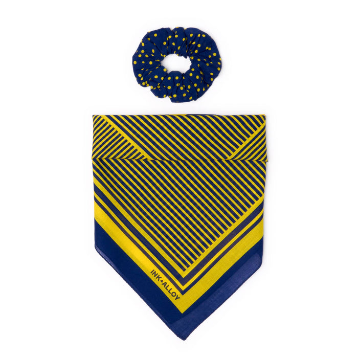 Game Day Alternating Stripe Scarf + Scrunchie Yellow + Navy 21x21 Scarf