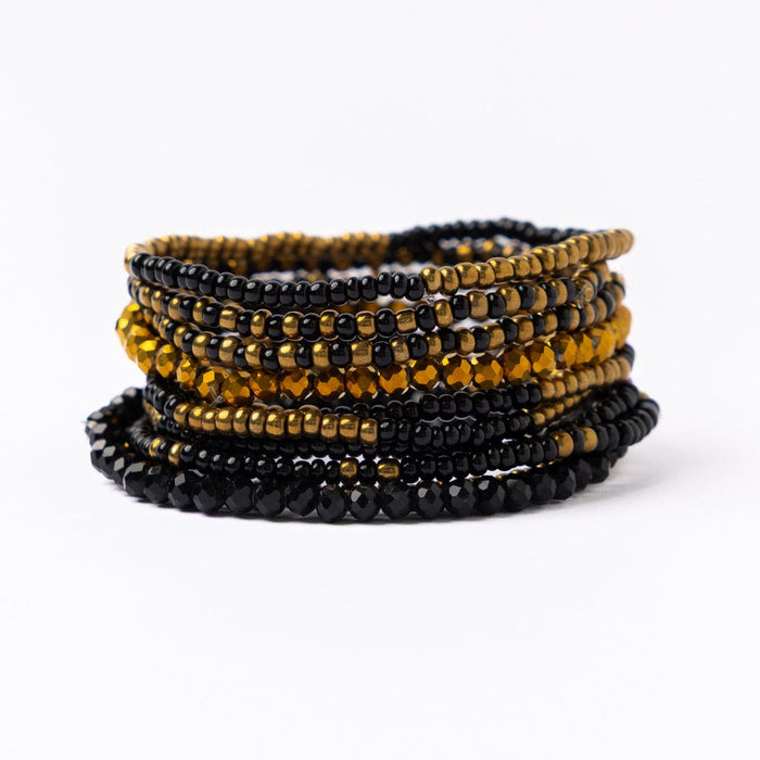 Game Day Beaded 10 Strand Stretch Bracelet Set Black + Gold Stack