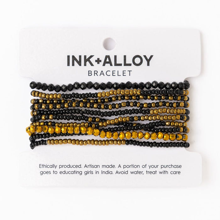 Game Day Beaded 10 Strand Stretch Bracelet Set Black + Gold Stack
