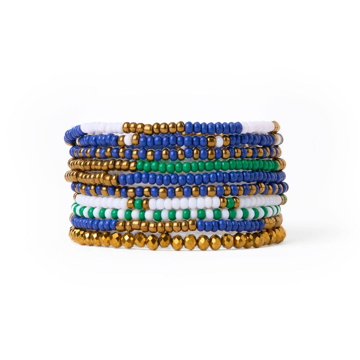 Game Day Beaded 10 Strand Stretch Bracelet Set Blue, Gold, + Green Bracelet