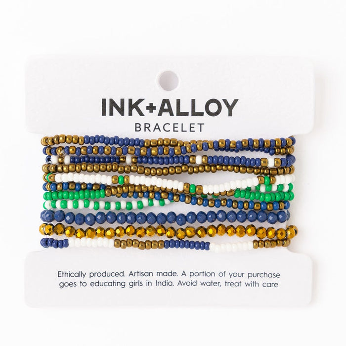 Game Day Beaded 10 Strand Stretch Bracelet Set Blue, Gold, + Green Stack