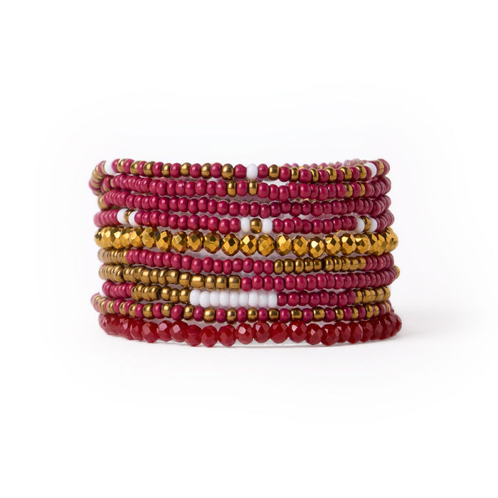 Game Day Beaded 10 Strand Stretch Bracelet Set Garnet + Gold Bracelet