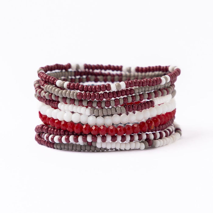 Game Day Beaded 10 Strand Stretch Bracelet Set Maroon + White Stack