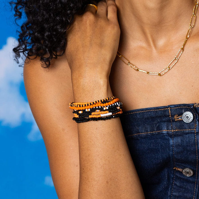 Game Day Beaded 10 Strand Stretch Bracelet Set Orange + Black Stack