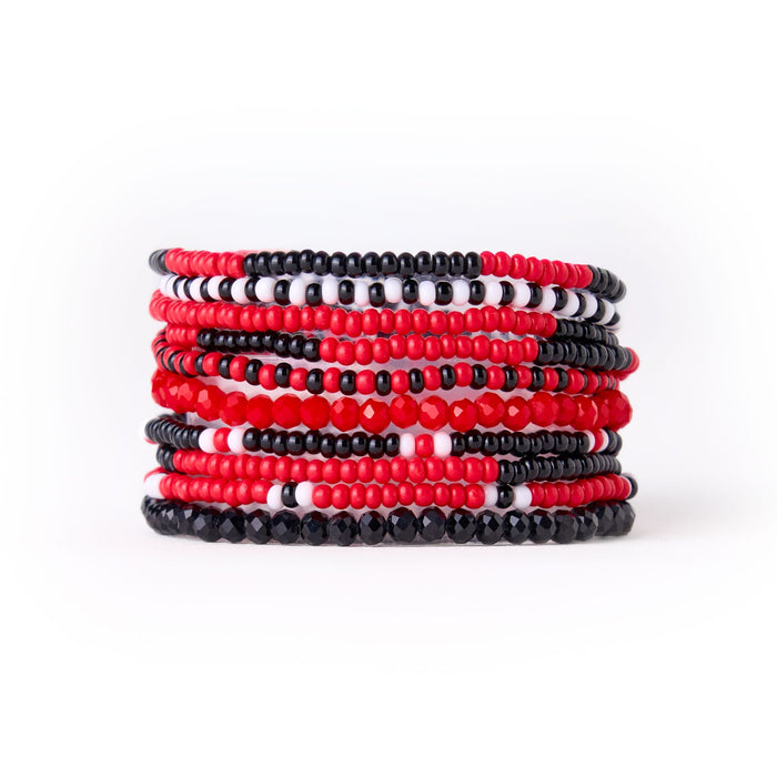 Game Day Beaded 10 Strand Stretch Bracelet Set Red + Black Bracelet
