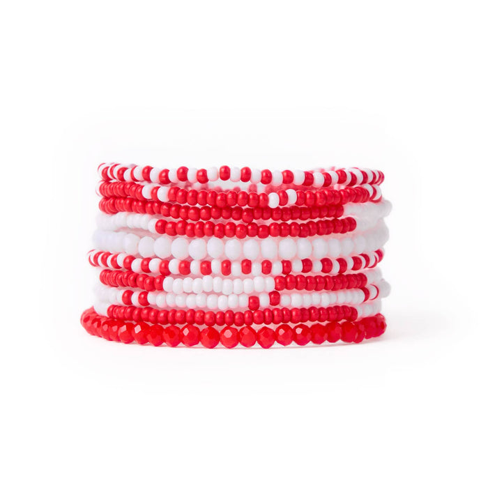 Game Day Beaded 10 Strand Stretch Bracelet Set Red + White Bracelet