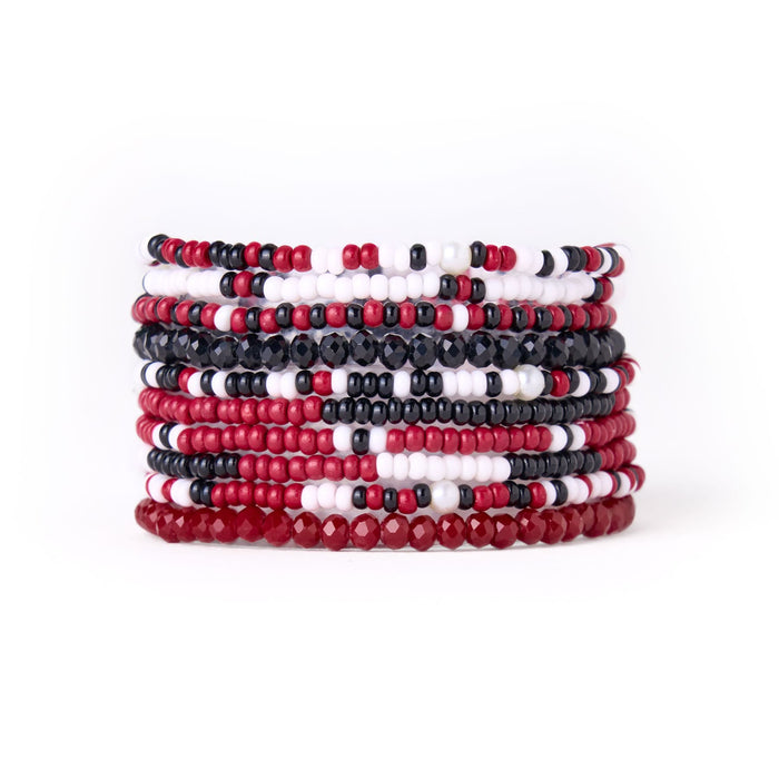 Game Day Beaded 10 Strand Stretch Bracelets Dark Red, Black, White Bracelet