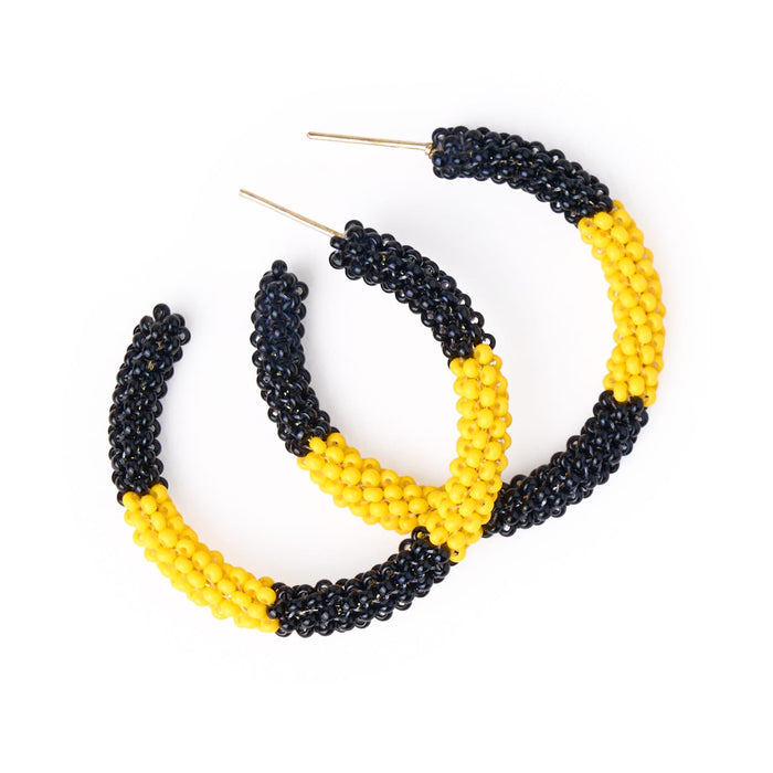 Game Day Beaded Color Block Hoop Earrings Black + Yellow Hoop