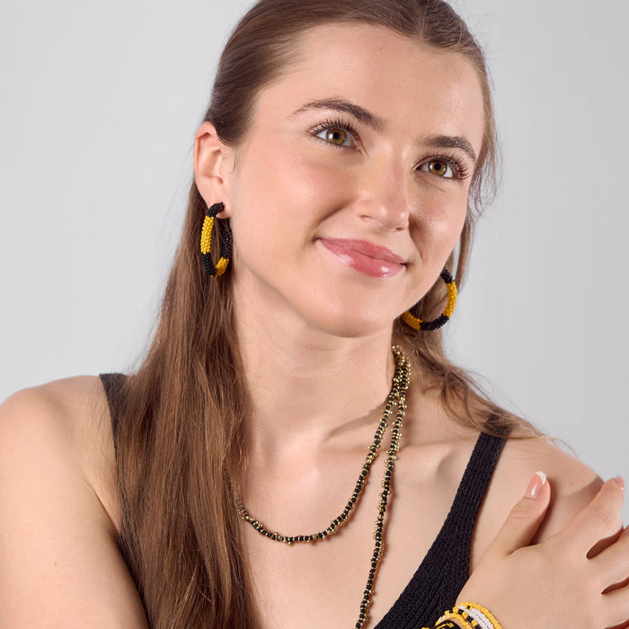 Game Day Beaded Color Block Hoop Earrings Black + Yellow Hoop