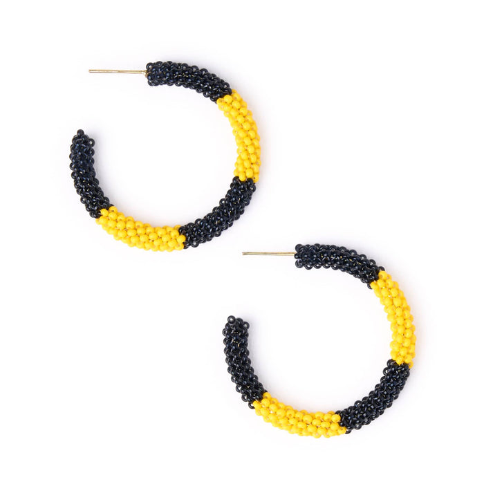 Game Day Beaded Color Block Hoop Earrings Black + Yellow Hoop