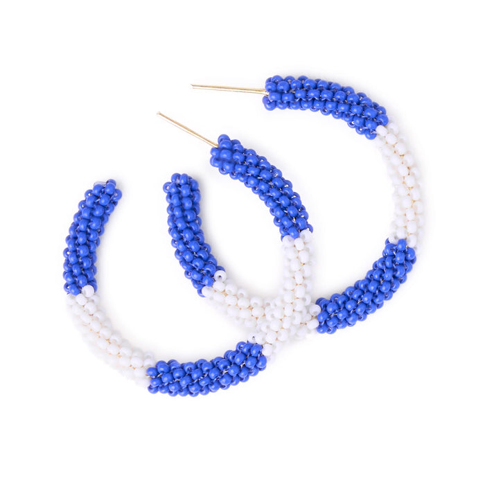Game Day Beaded Color Block Hoop Earrings Blue + White Hoop