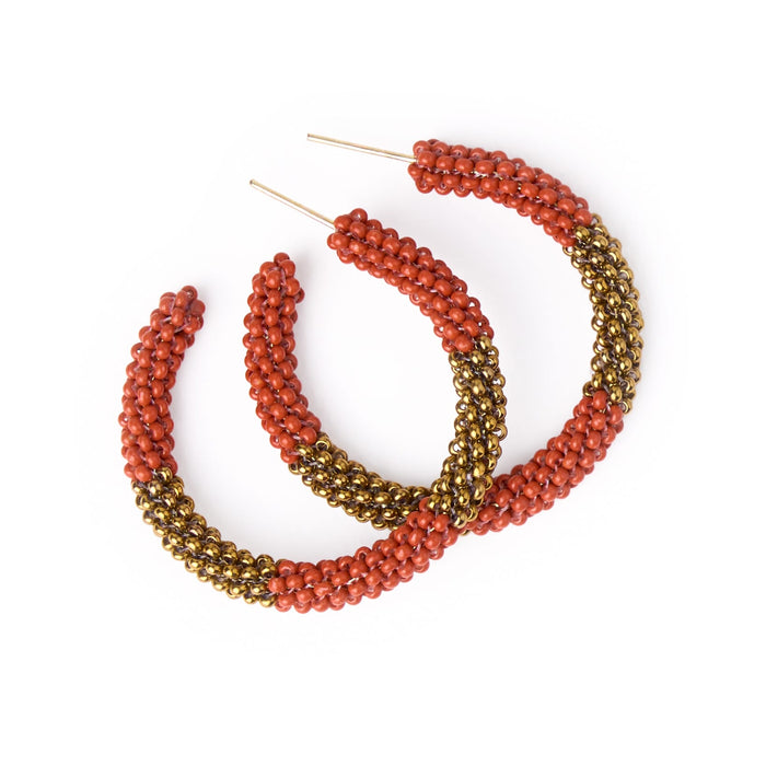 Game Day Beaded Color Block Hoop Earrings Burnt Orange + Gold Hoop