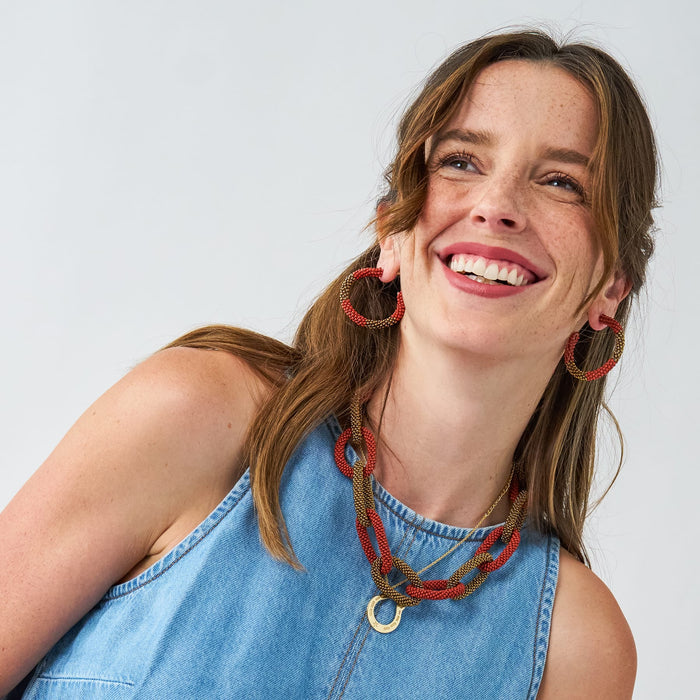 Game Day Beaded Color Block Hoop Earrings Burnt Orange + Gold Hoop