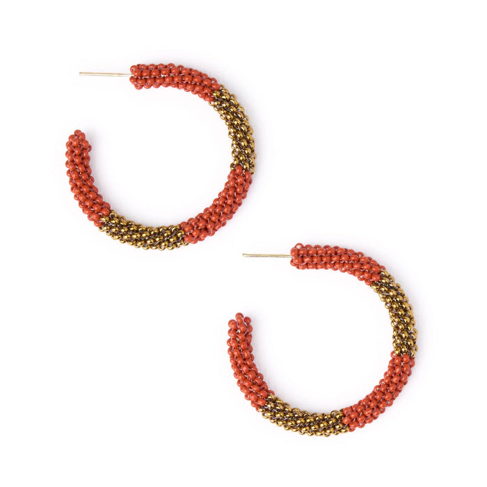 Game Day Beaded Color Block Hoop Earrings Burnt Orange + Gold Hoop
