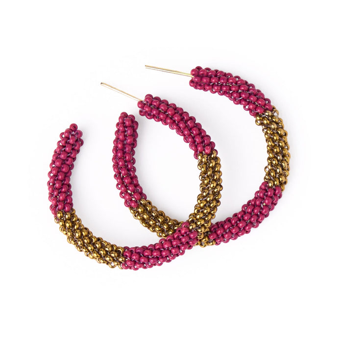 Game Day Beaded Color Block Hoop Earrings Garnet + Gold Hoop