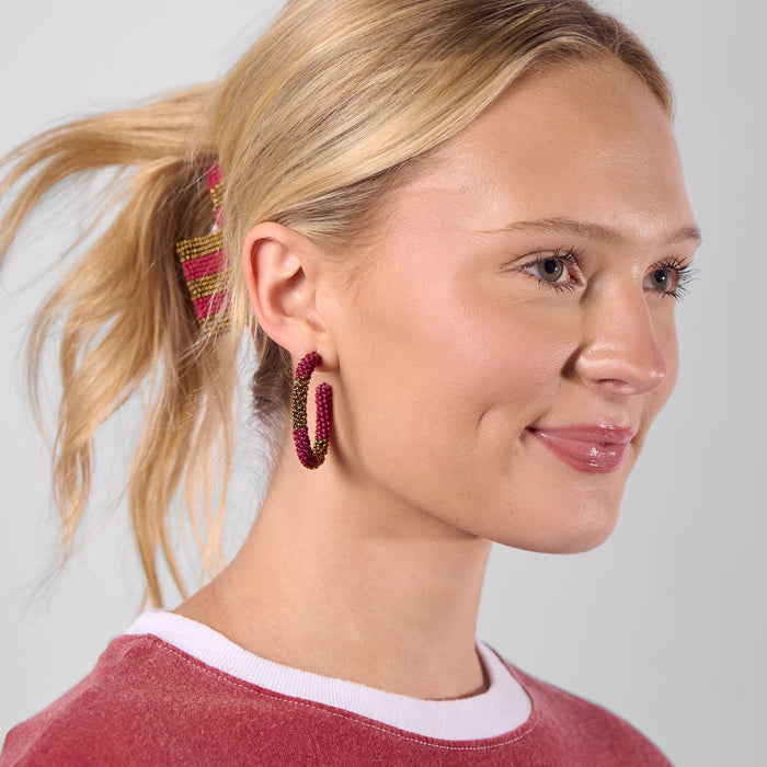 Game Day Beaded Color Block Hoop Earrings Garnet + Gold Hoop