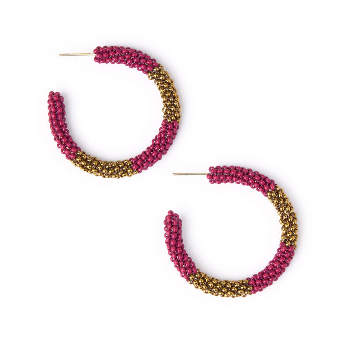 Game Day Beaded Color Block Hoop Earrings Garnet + Gold Hoop