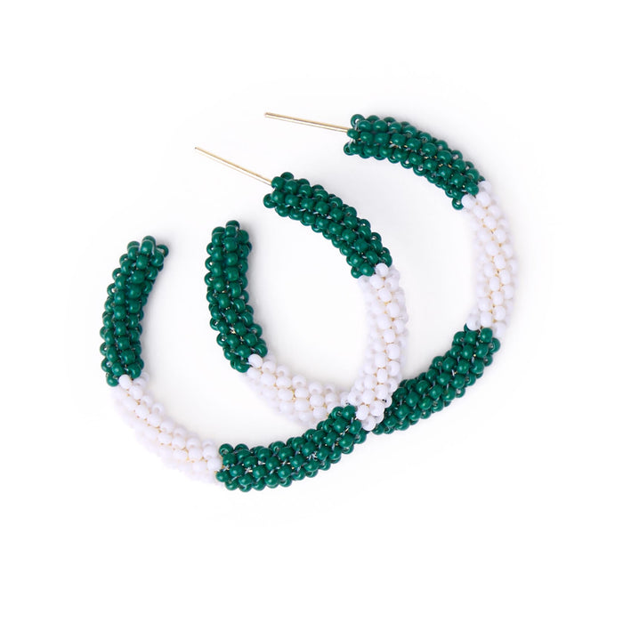 Game Day Beaded Color Block Hoop Earrings Green + White Hoop