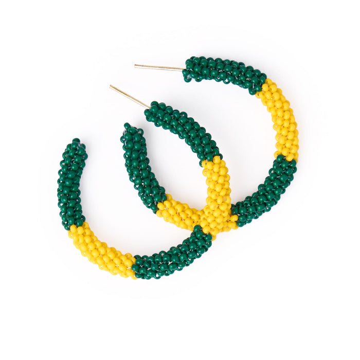 Game Day Beaded Color Block Hoop Earrings Green + Yellow Hoop