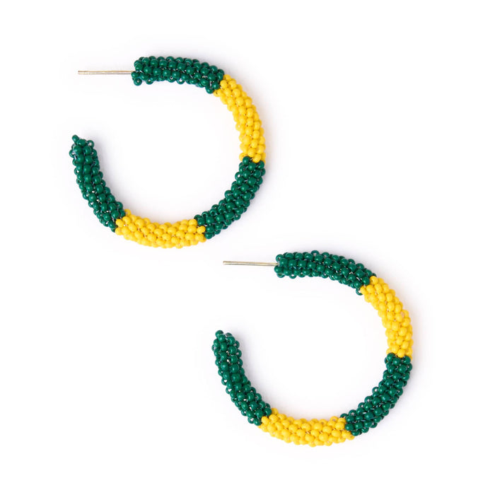 Game Day Beaded Color Block Hoop Earrings Green + Yellow Hoop