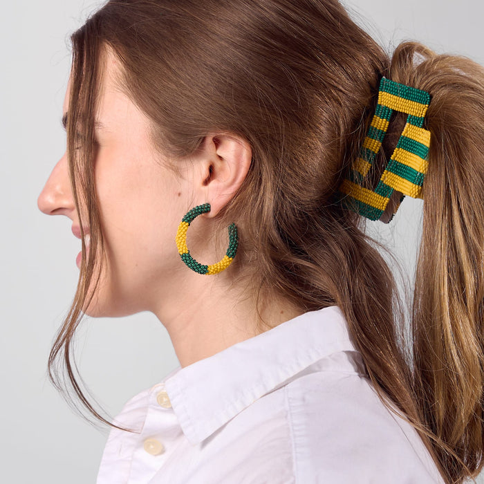 Game Day Beaded Color Block Hoop Earrings Green + Yellow Hoop