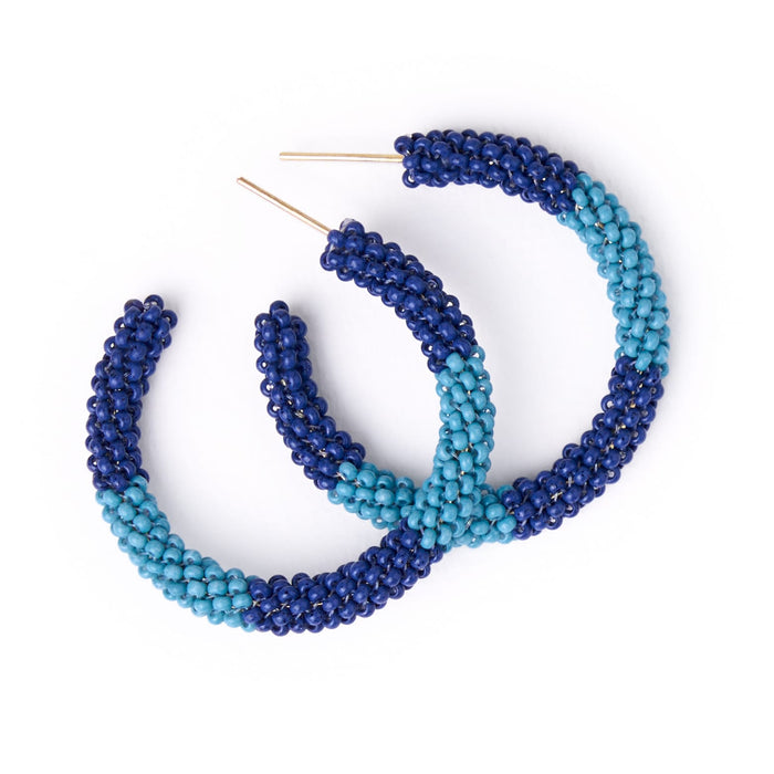 Game Day Beaded Color Block Hoop Earrings Light Blue + Navy Hoop