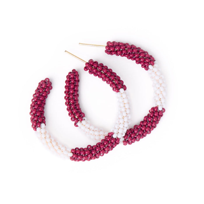 Game Day Beaded Color Block Hoop Earrings Maroon + White Hoop