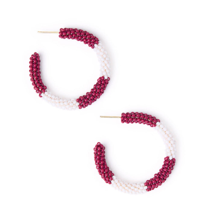 Game Day Beaded Color Block Hoop Earrings Maroon + White Hoop