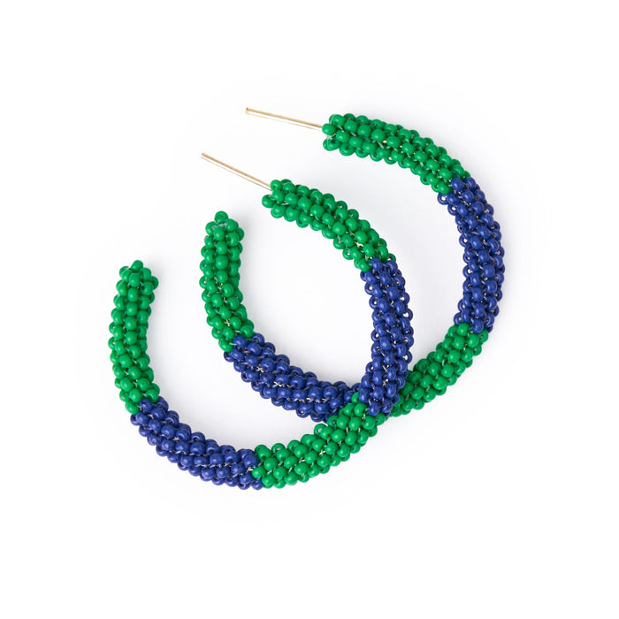 Game Day Beaded Color Block Hoop Earrings Navy + Green Hoop
