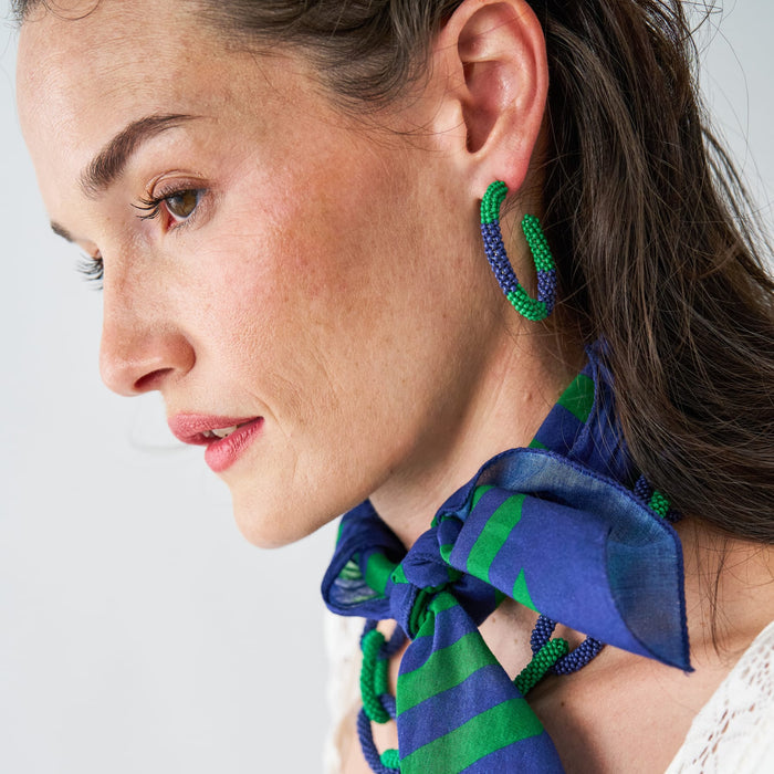 Game Day Beaded Color Block Hoop Earrings Navy + Green Hoop