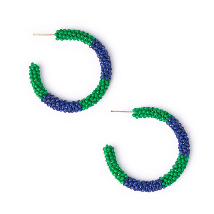 Game Day Beaded Color Block Hoop Earrings Navy + Green Hoop