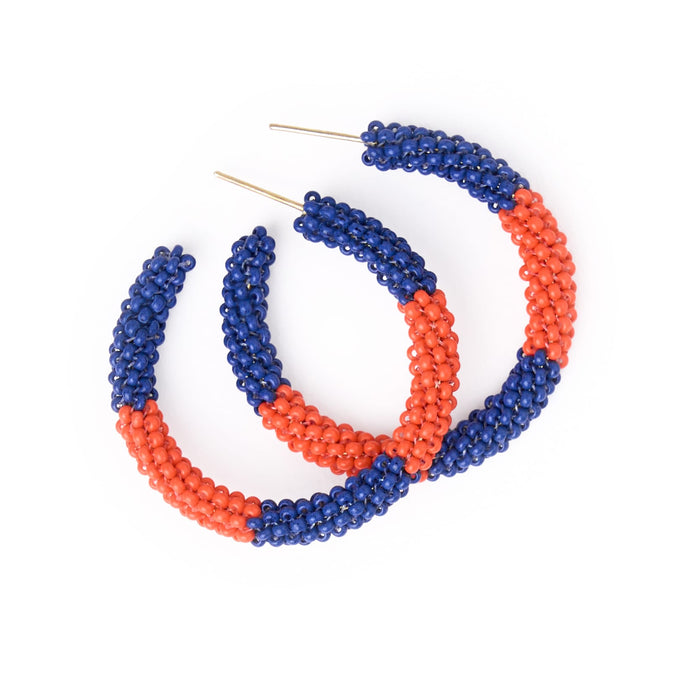 Game Day Beaded Color Block Hoop Earrings Navy + Orange Hoop