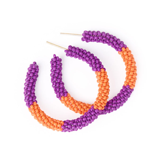 Game Day Beaded Color Block Hoop Earrings Purple + Orange Hoop