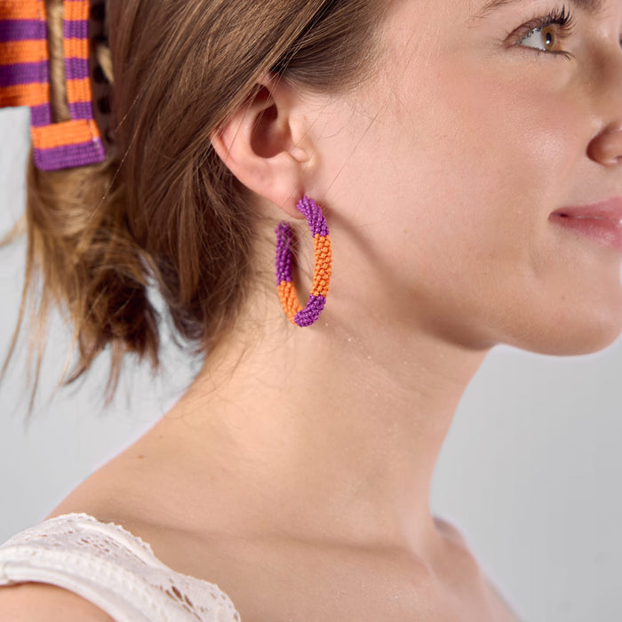 Game Day Beaded Color Block Hoop Earrings Purple + Orange Hoop