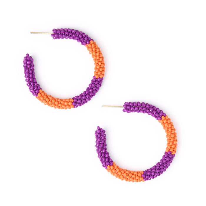 Game Day Beaded Color Block Hoop Earrings Purple + Orange Hoop